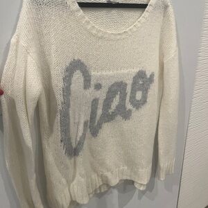aerie Cream Scoop Neck Knit Sweater with Gray Script